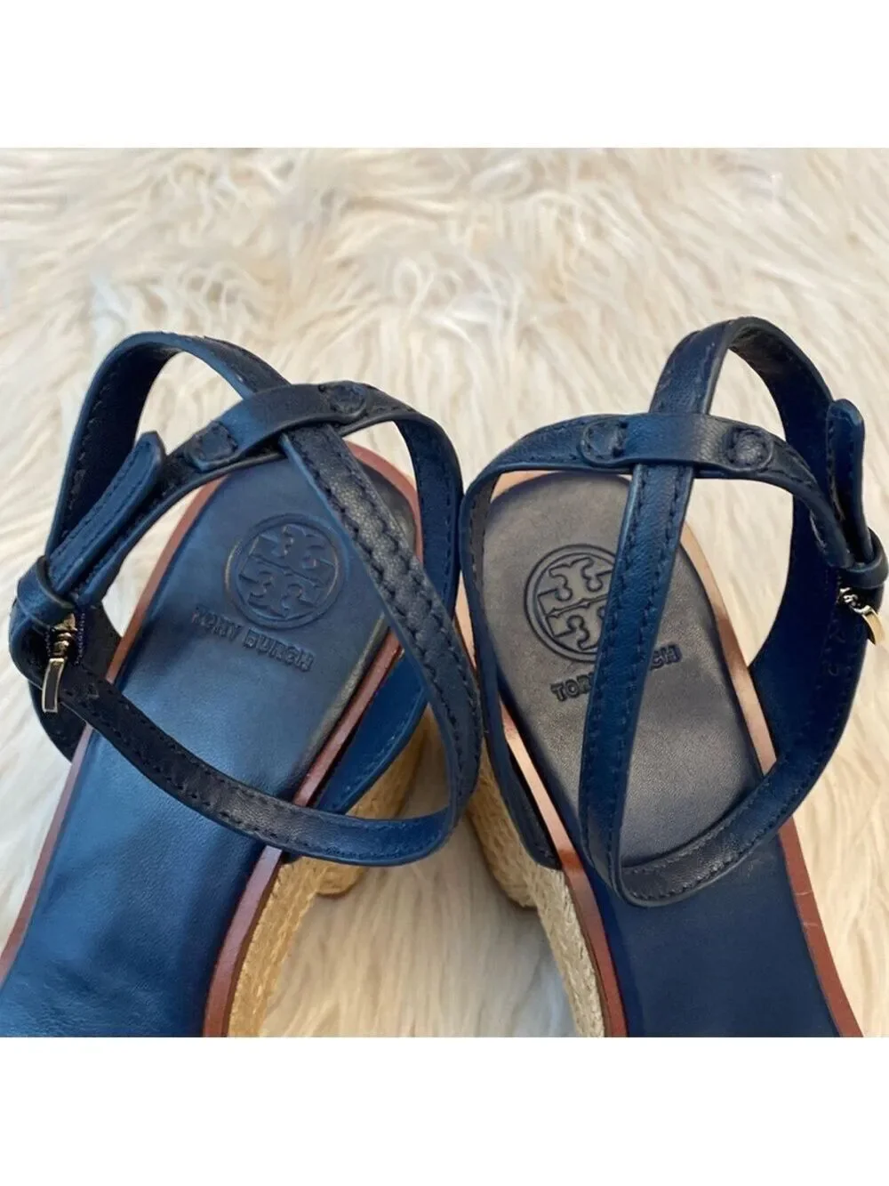 Tory Burch Roselle Navy Laser Cut Leather Platform Espadrille Sandals, Size 10.5